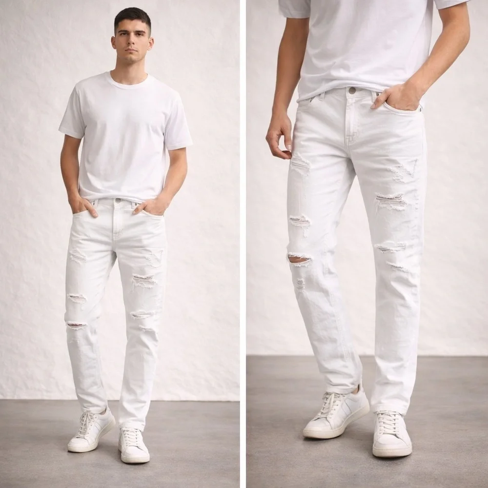 American Eagle Outfitters Men's White Slim Straight Ripped Jeans